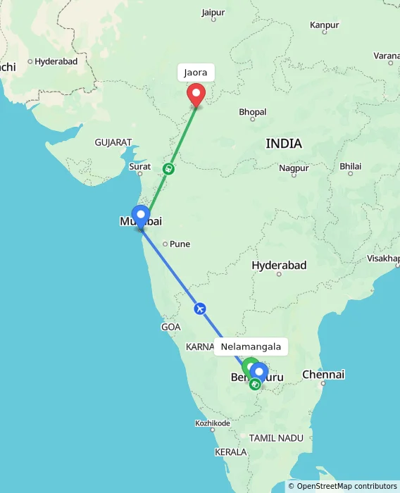Route map showing distance and travel time from Nelamangala, India to Jaora, India