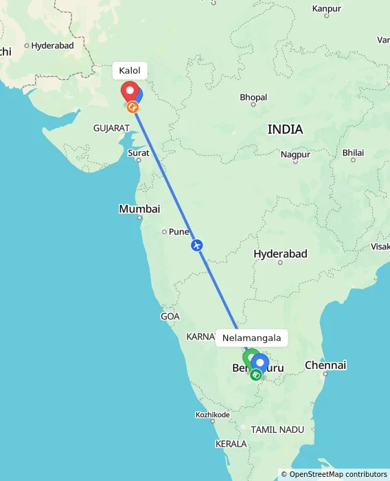 Route map showing distance and travel time from Nelamangala, India to Kalol, India