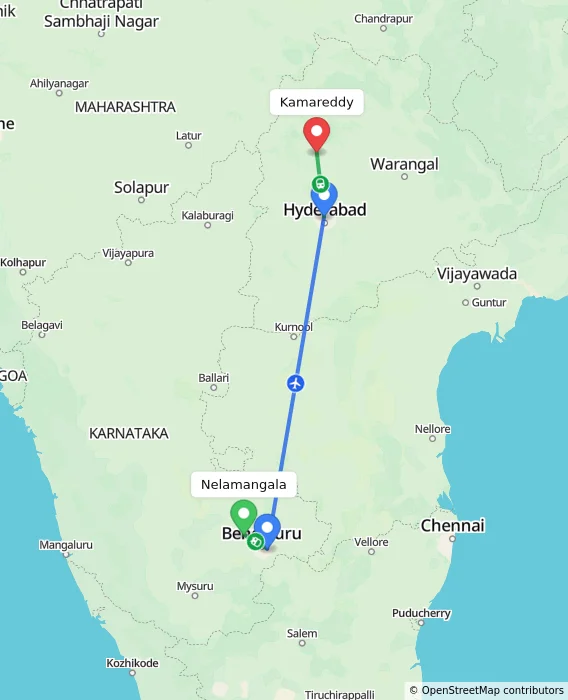 Route map showing distance and travel time from Nelamangala, India to Kamareddy, India
