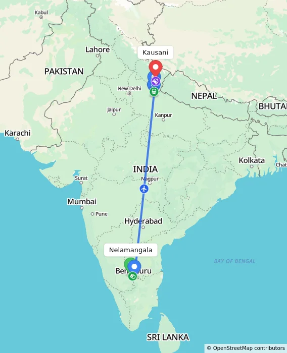 Route map showing distance and travel time from Nelamangala, India to Kausani, India