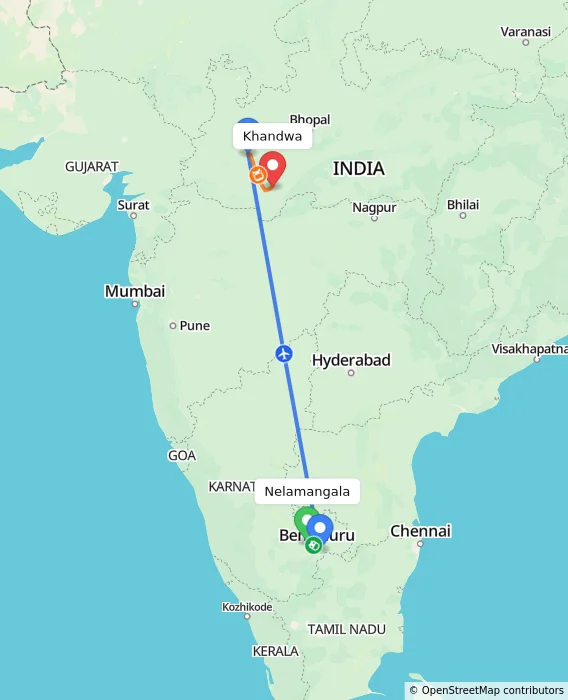 Route map showing distance and travel time from Nelamangala, India to Khandwa, India