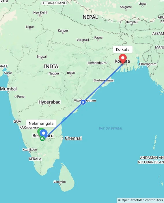 Route map showing distance and travel time from Nelamangala, India to Kolkata, India