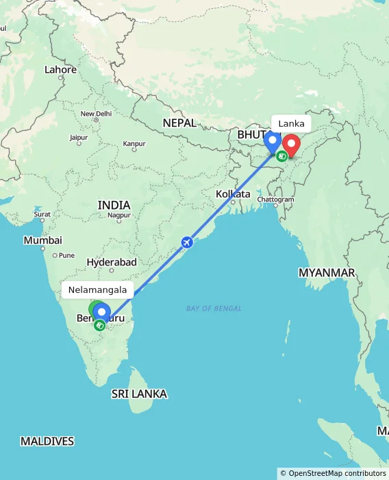 Route map showing distance and travel time from Nelamangala, India to Lanka, India
