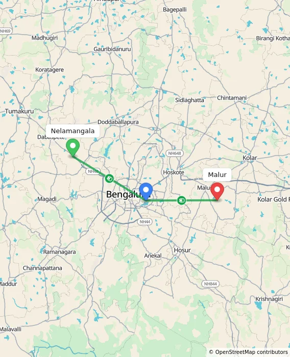 Route map showing distance and travel time from Nelamangala, India to Malur, India