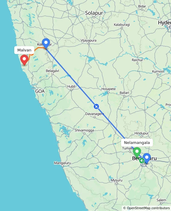 Route map showing distance and travel time from Nelamangala, India to Malvan, India