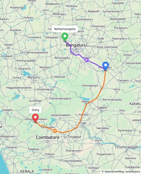 Route map showing distance and travel time from Nelamangala, India to Ooty, India