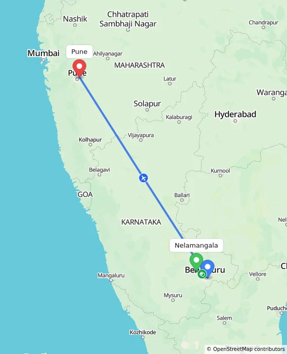 Route map showing distance and travel time from Nelamangala, India to Pune, India