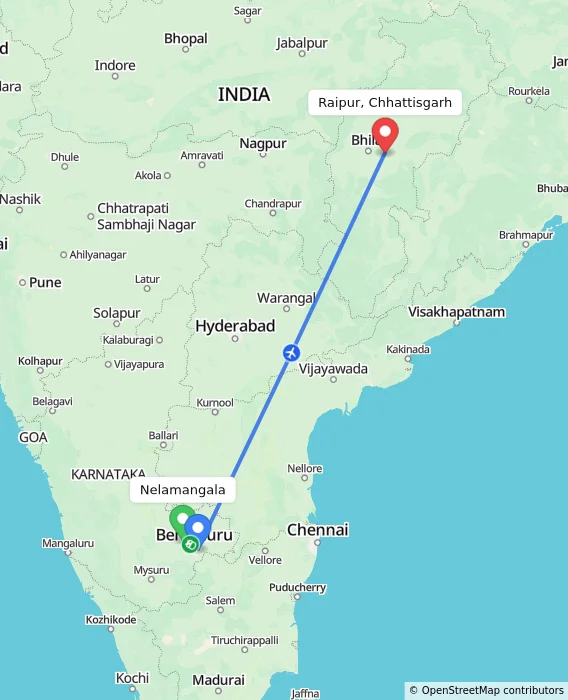Route map showing distance and travel time from Nelamangala, India to Raipur, Chhattisgarh, India