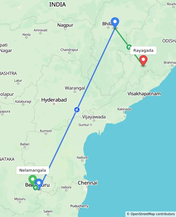 Route map showing distance and travel time from Nelamangala, India to Rayagada, India