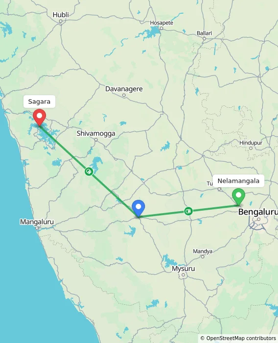 Route map showing distance and travel time from Nelamangala, India to Sagara, India