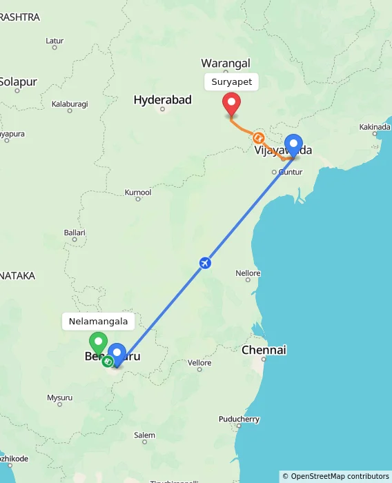 Route map showing distance and travel time from Nelamangala, India to Suryapet, India