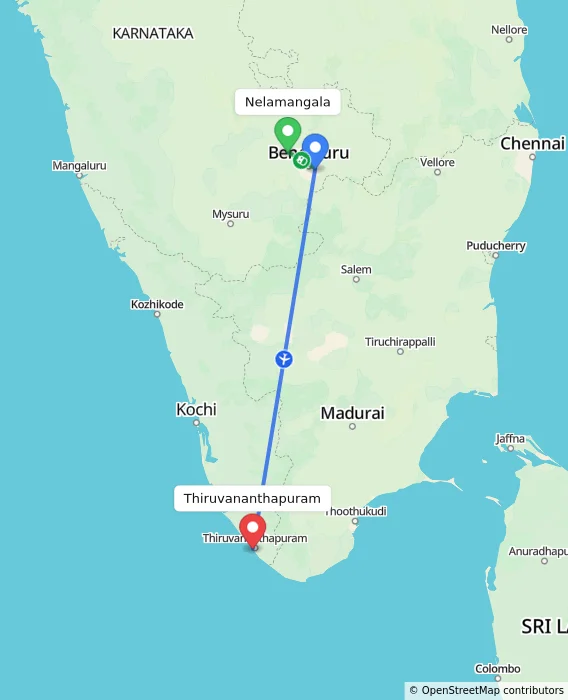 Route map showing distance and travel time from Nelamangala, India to Thiruvananthapuram, India