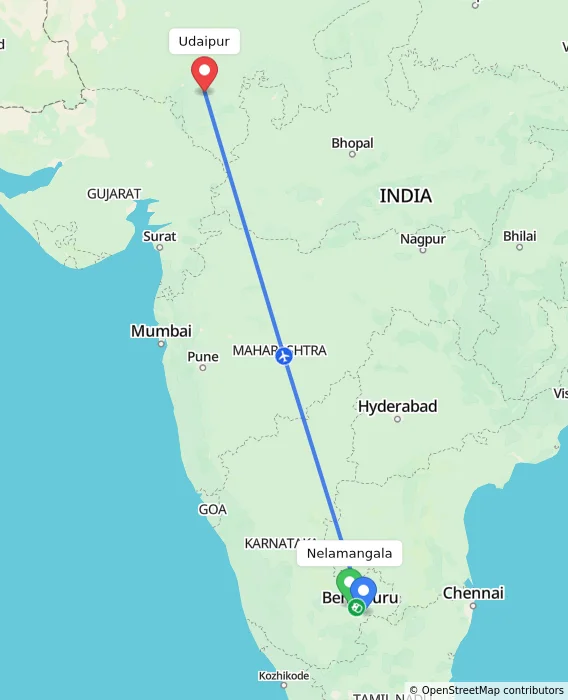 Route map showing distance and travel time from Nelamangala, India to Udaipur, India