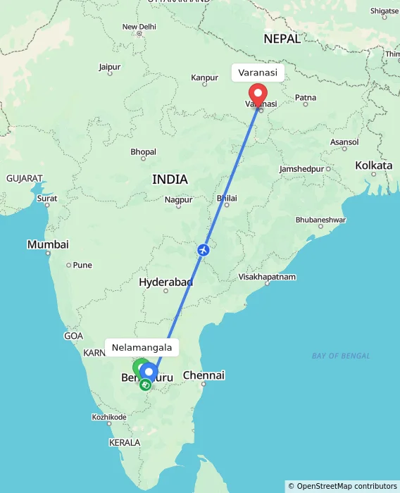 Route map showing distance and travel time from Nelamangala, India to Varanasi, India