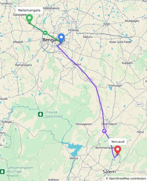 Route map showing distance and travel time from Nelamangala, India to Yercaud, India