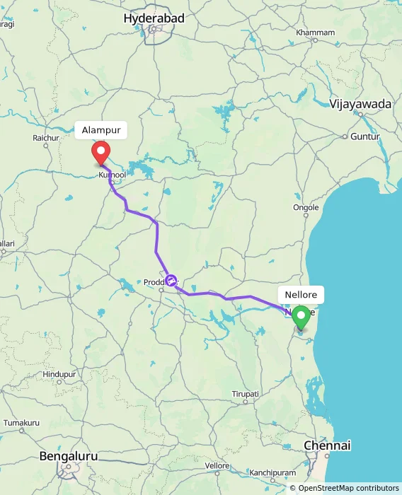Route map showing distance and travel time from Nellore, India to Alampur, India