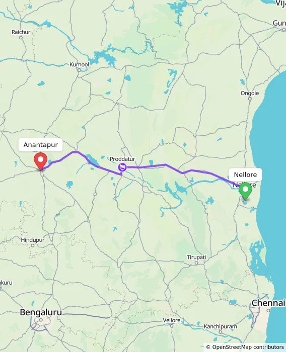 Route map showing distance and travel time from Nellore, India to Anantapur, India