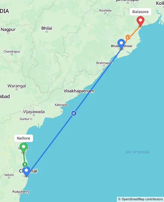 Route map showing distance and travel time from Nellore, India to Balasore, India