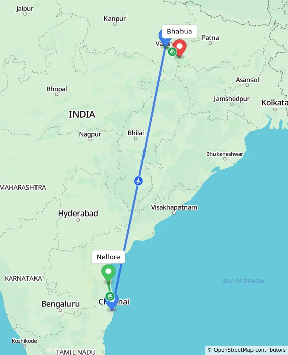 Route map showing distance and travel time from Nellore, India to Bhabua, India