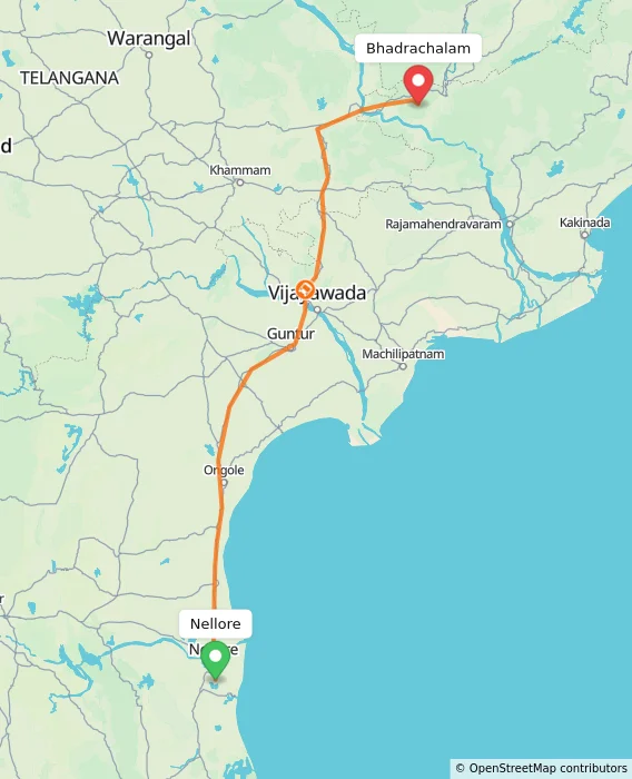 Route map showing distance and travel time from Nellore, India to Bhadrachalam, India