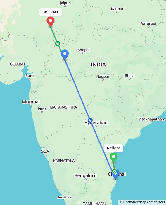 Route map showing distance and travel time from Nellore, India to Bhilwara, India