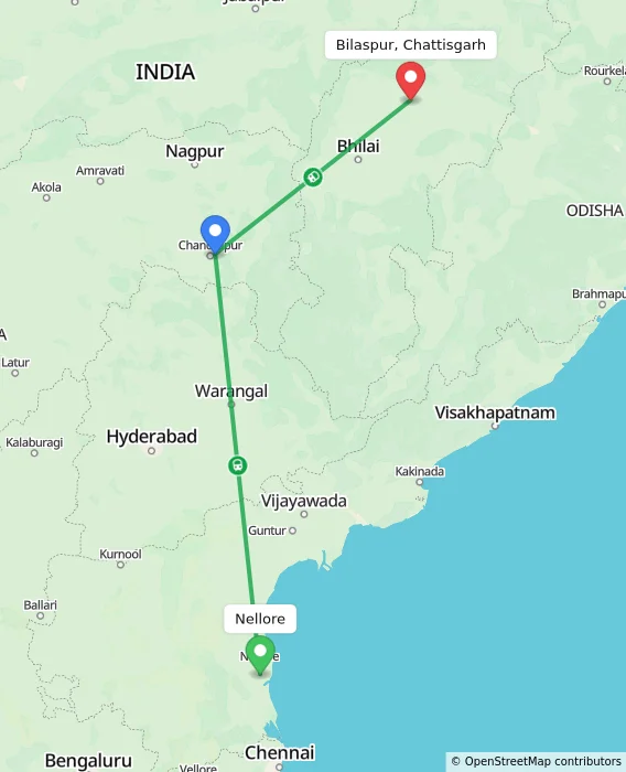 Route map showing distance and travel time from Nellore, India to Bilaspur, Chattisgarh, India