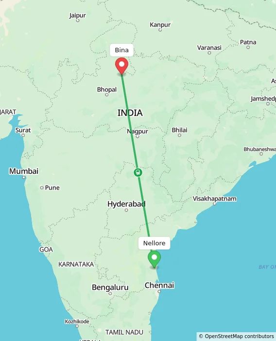 Route map showing distance and travel time from Nellore, India to Bina, India