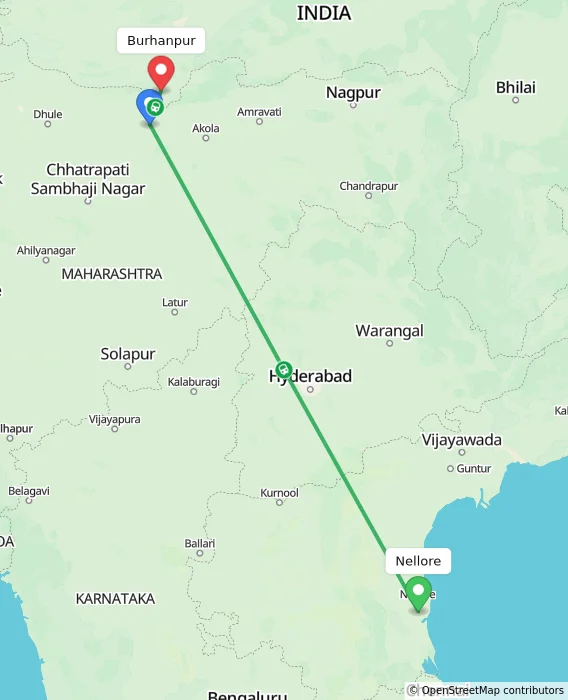 Route map showing distance and travel time from Nellore, India to Burhanpur, India