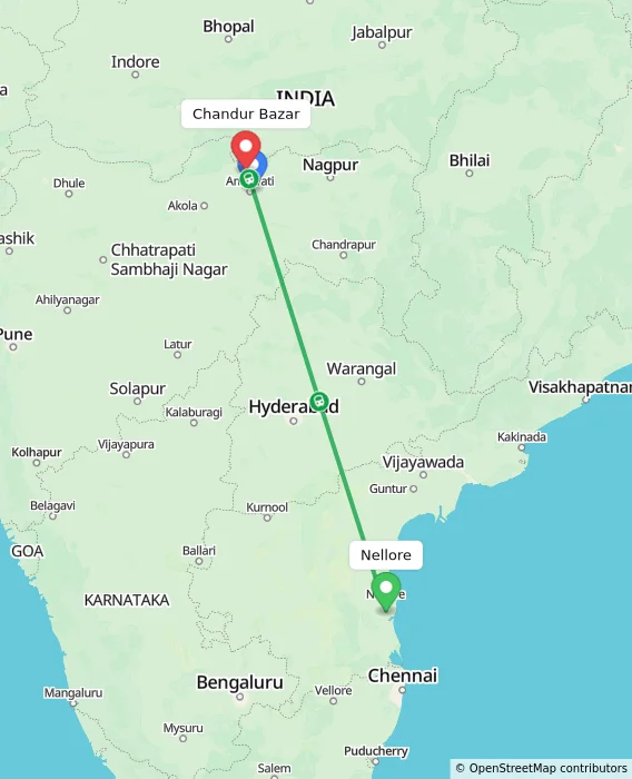 Route map showing distance and travel time from Nellore, India to Chandur Bazar, India