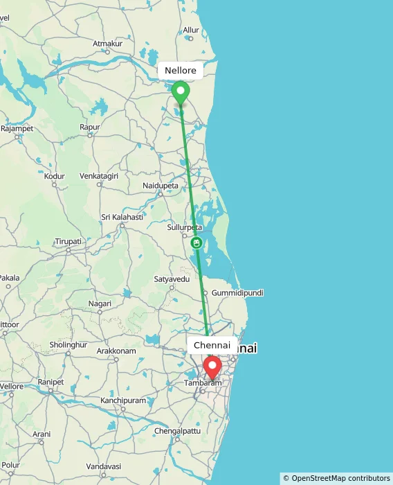 Route map showing distance and travel time from Nellore, India to Chennai, India