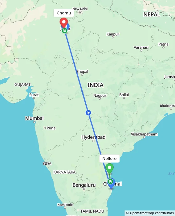 Route map showing distance and travel time from Nellore, India to Chomu, India