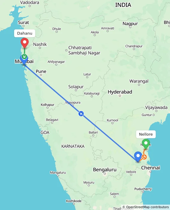 Route map showing distance and travel time from Nellore, India to Dahanu, India