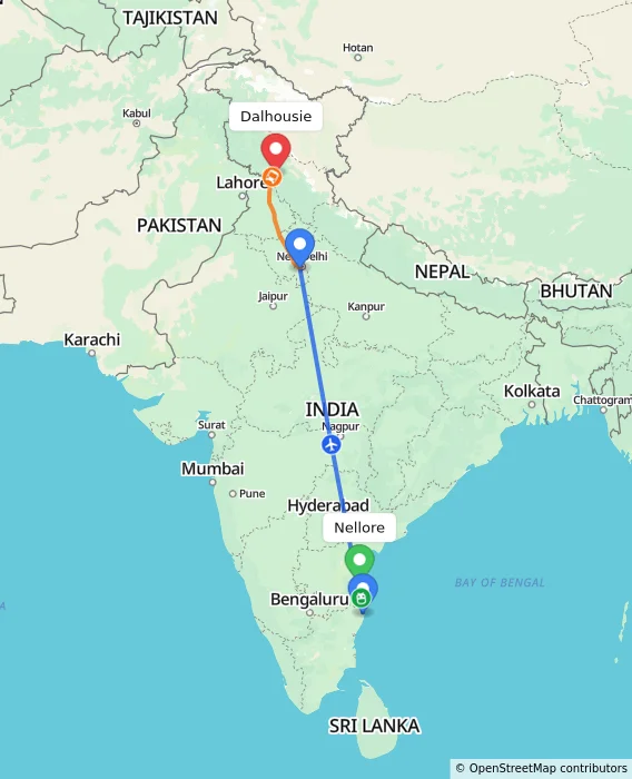 Route map showing distance and travel time from Nellore, India to Dalhousie, India