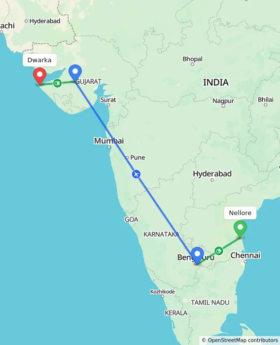 Route map showing distance and travel time from Nellore, India to Dwarka, India