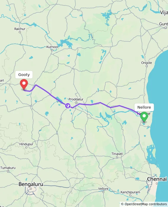 Route map showing distance and travel time from Nellore, India to Gooty, India