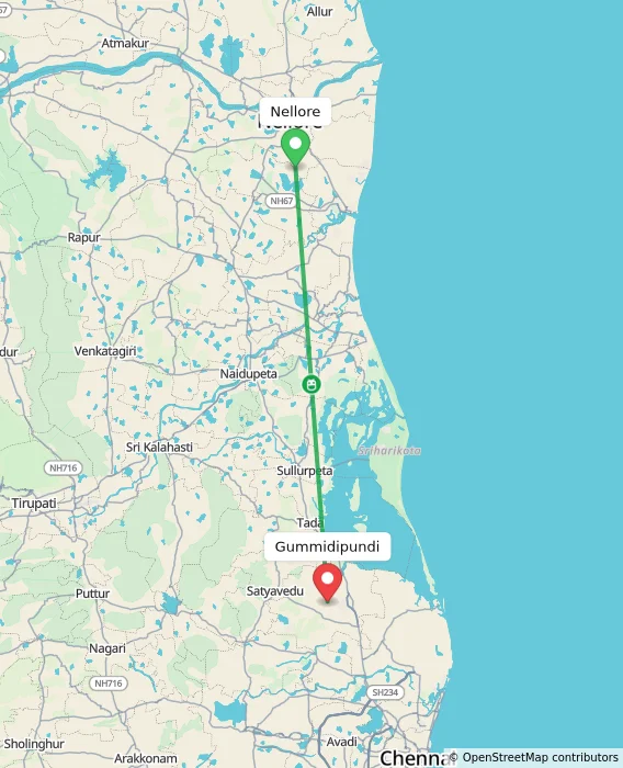 Route map showing distance and travel time from Nellore, India to Gummidipundi, India
