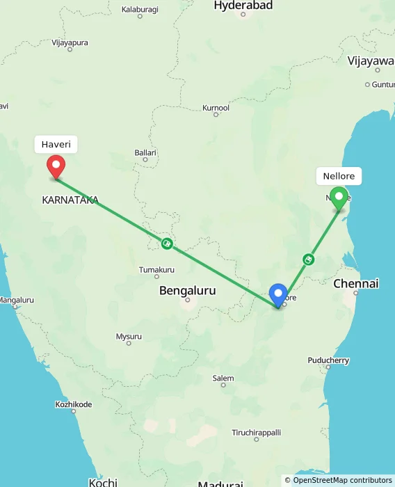 Route map showing distance and travel time from Nellore, India to Haveri, India