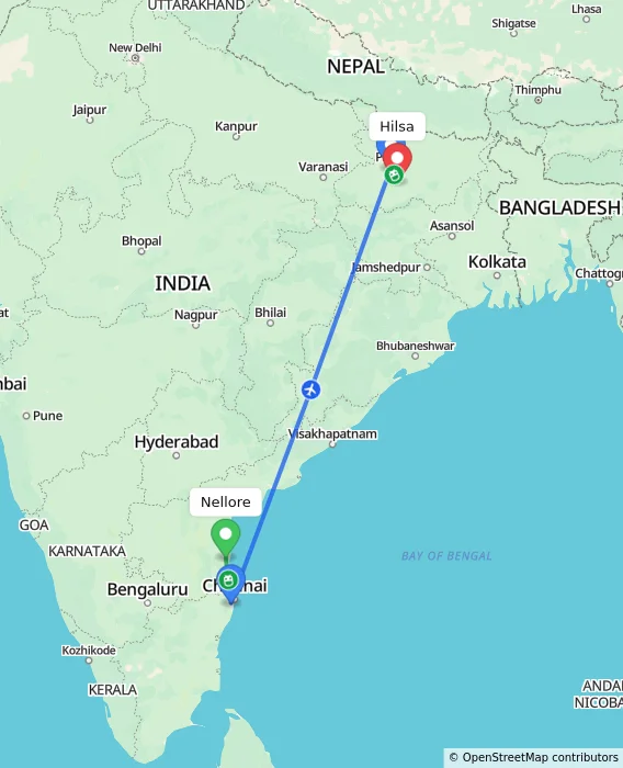 Route map showing distance and travel time from Nellore, India to Hilsa, India