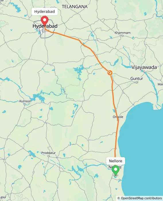 Route map showing distance and travel time from Nellore, India to Hyderabad, India