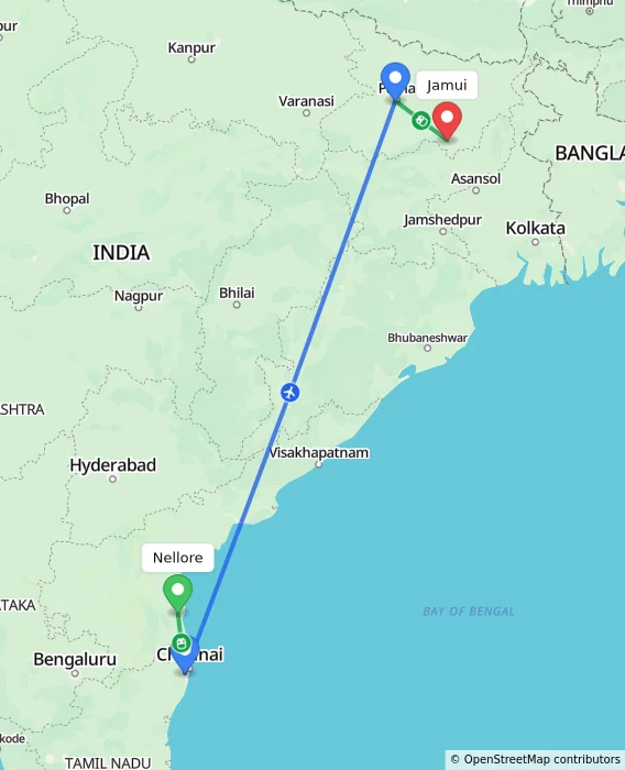 Route map showing distance and travel time from Nellore, India to Jamui, India