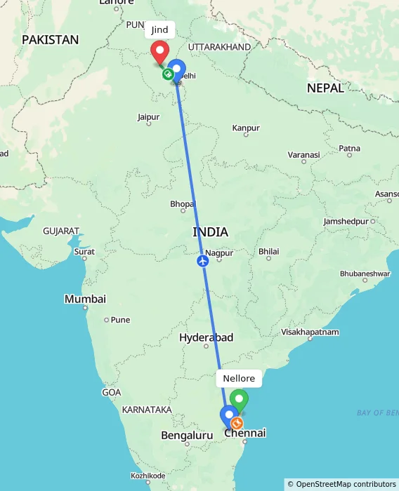 Route map showing distance and travel time from Nellore, India to Jind, India