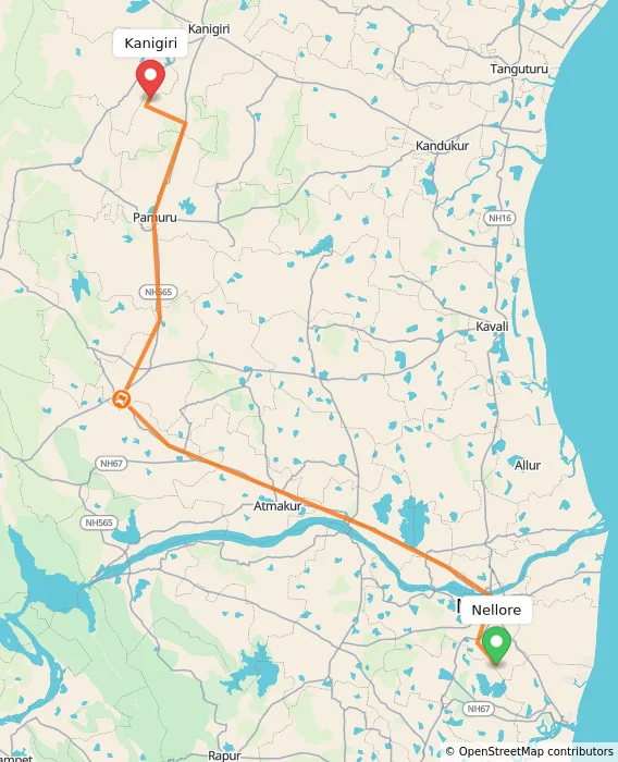 Route map showing distance and travel time from Nellore, India to Kanigiri, India