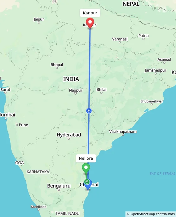 Route map showing distance and travel time from Nellore, India to Kanpur, India