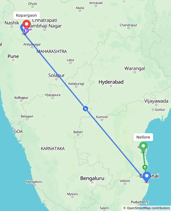 Route map showing distance and travel time from Nellore, India to Kopargaon, India