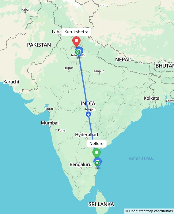 Route map showing distance and travel time from Nellore, India to Kurukshetra, India