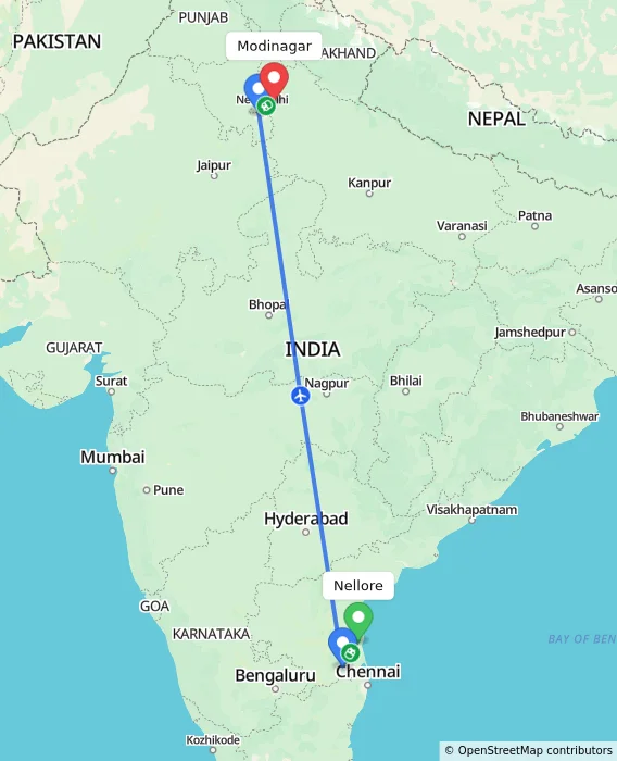 Route map showing distance and travel time from Nellore, India to Modinagar, India