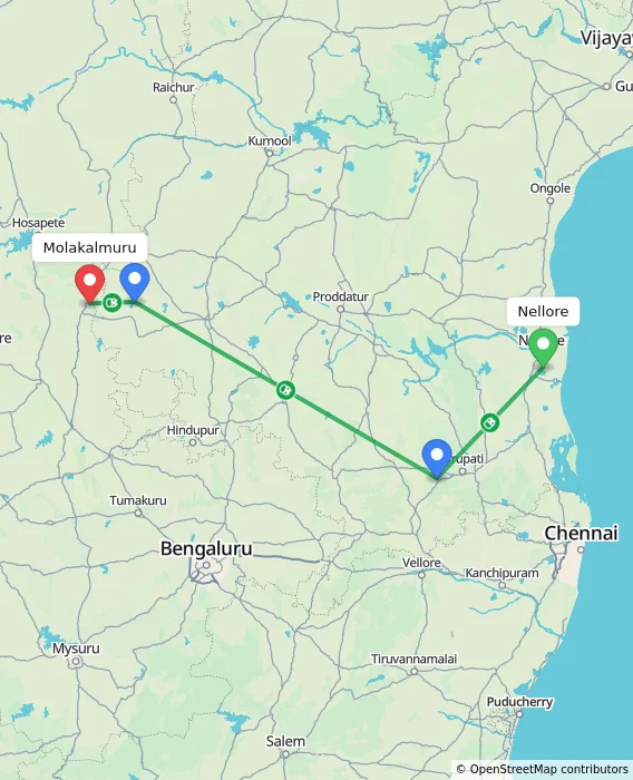 Route map showing distance and travel time from Nellore, India to Molakalmuru, India