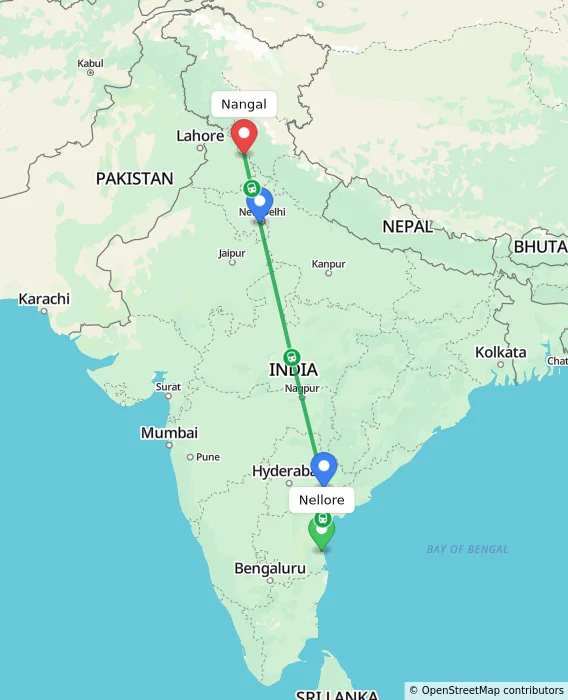 Route map showing distance and travel time from Nellore, India to Nangal, India