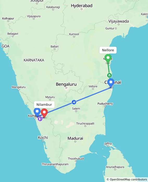 Route map showing distance and travel time from Nellore, India to Nilambur, India