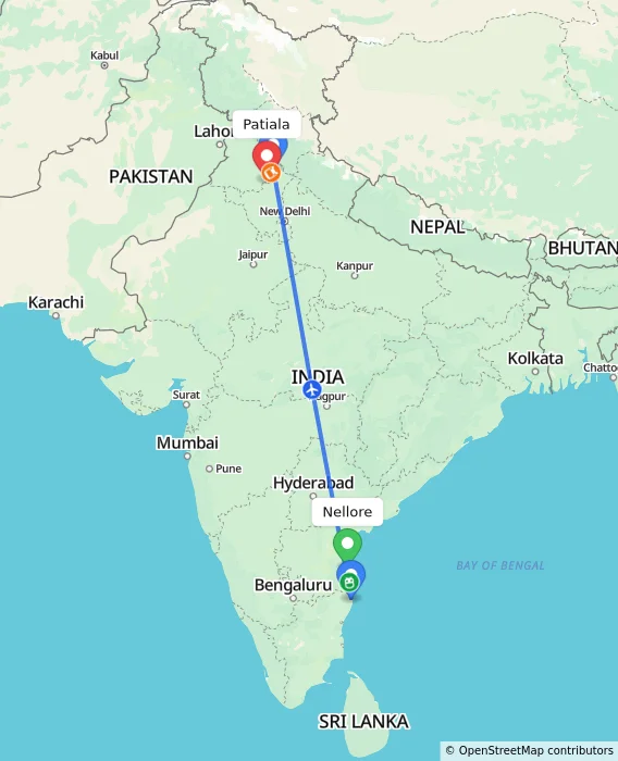 Route map showing distance and travel time from Nellore, India to Patiala, India